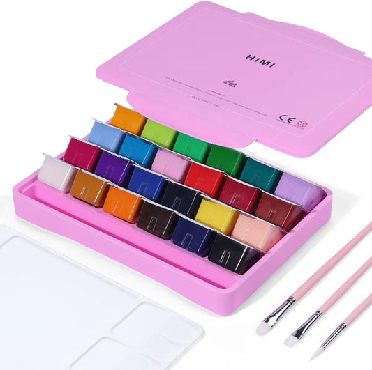 HIMI Gouache paint set,24 Colors x 30 Ml Unique Jelly Cup Design,Belt 3 a Brush and a One Palette Are Packed in a Suitcase.,Perfect for Artists、Student、Gouache Opaque Watercolor Painting(Pink)